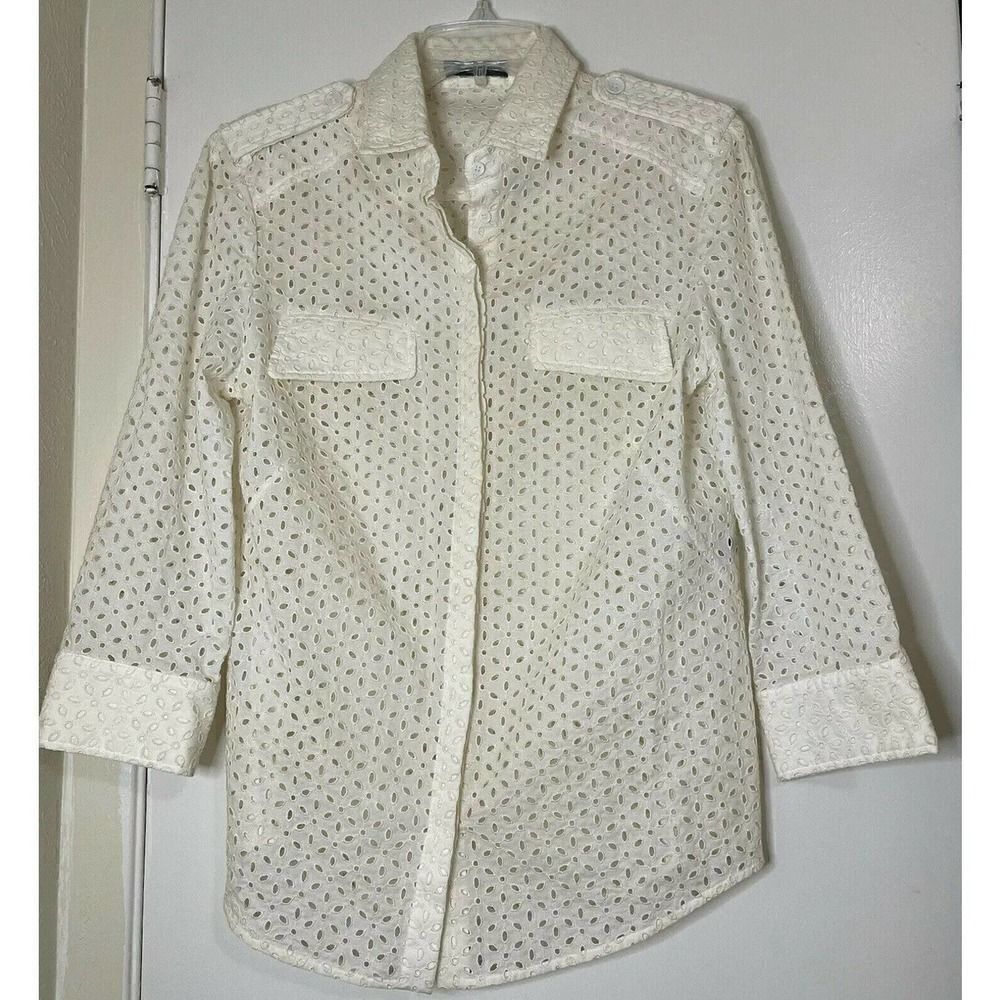 Alexander McQueen ivory eyelet cotton button down long sleeve blouse top US 10